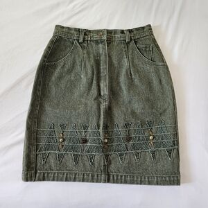 Olive Green Embroidered Denim Mini Skirt